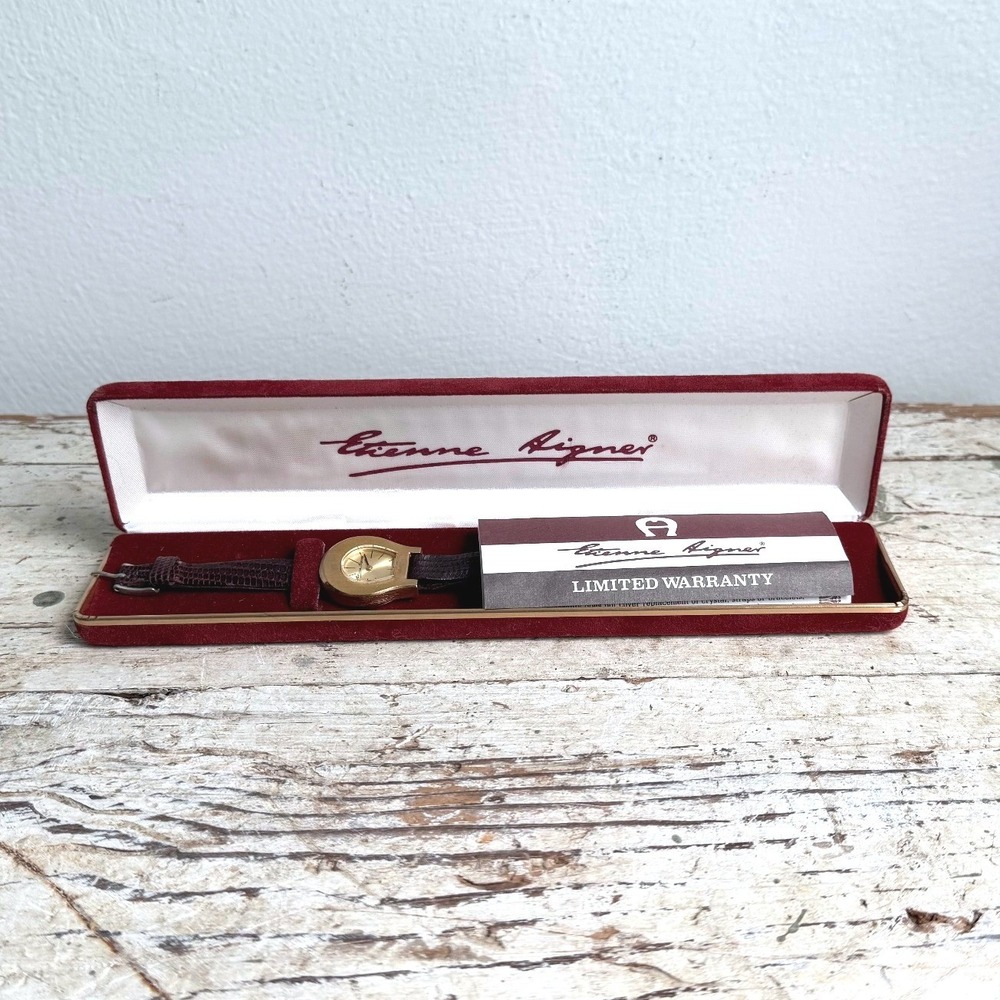 Vintage Etienne Aigner Horseshoe Watch Gold Tone Burgundy Lizard Strap